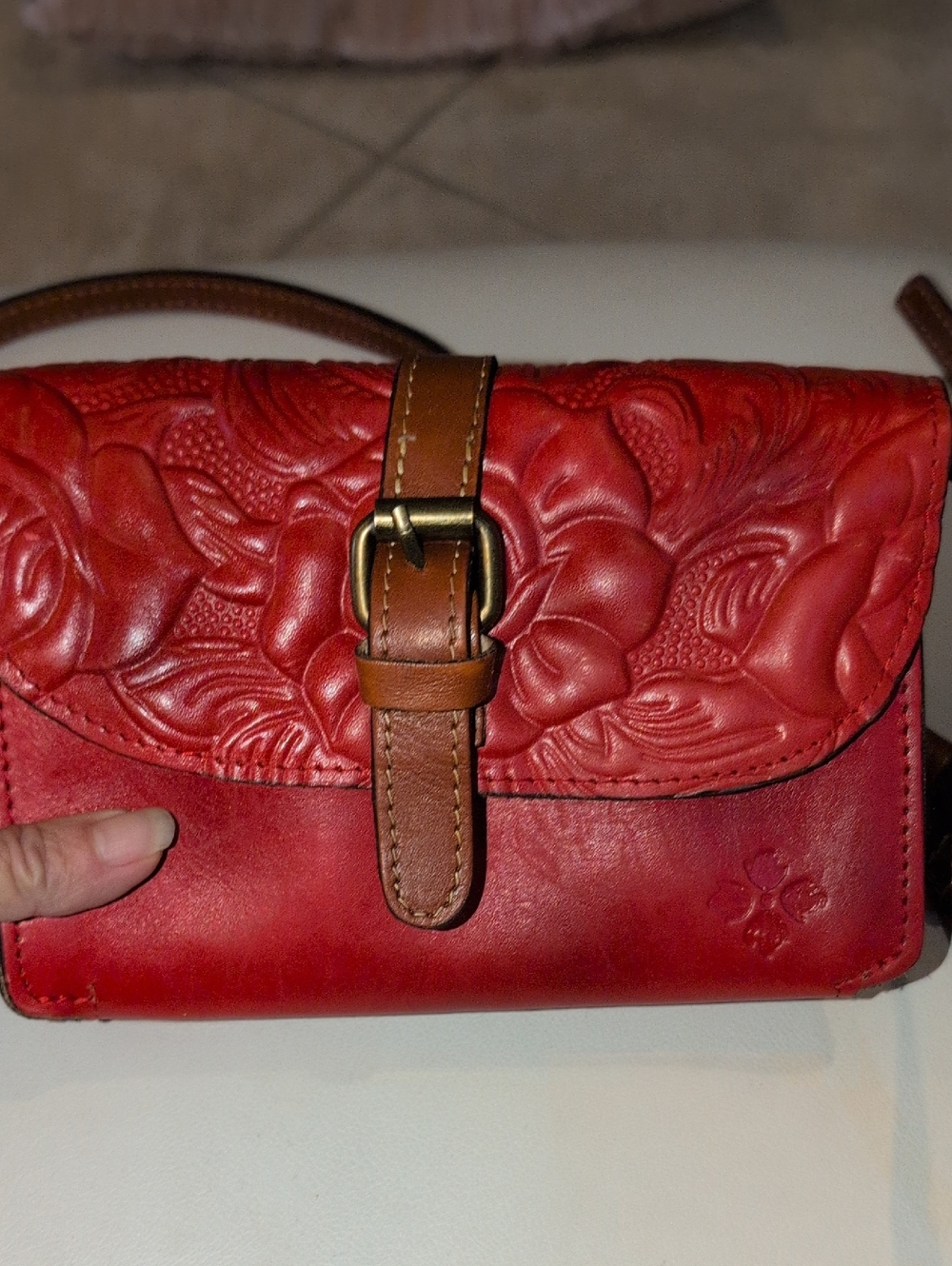 Patricia Nash Torri Red Floral Embossed Leather Crossbody with Brown Strap